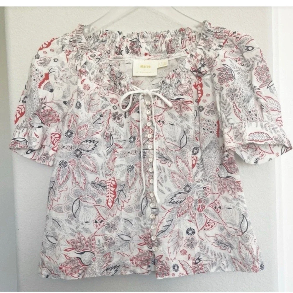 Anthropologie Maeve Linen Cotton Red White Blue‎ Floral Blouse Puff Sleeve 2/XS